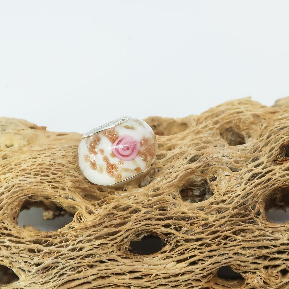 White, Gold, and Pink Floral European Glass Charm Bead with Silver Core Center